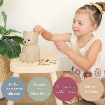 Neutral Silicone Teddy Bear Coin Bank for Kids Baby and Toddler. Unbreakable Piggy Bank for Kids -Nursery Decor - Durable Money Bank Gift for Children