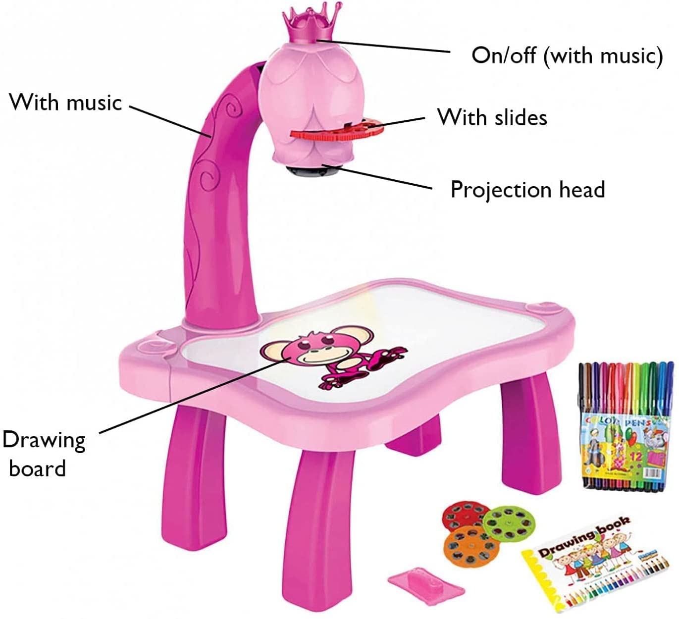 2Pcs/Set Drawing Projector For Kids With Flashlight Slide Projector, Projector Drawing Table For Kids Tracing With Light Music Sketcher Desk For Early Art Learning Games Gifts (Pink)