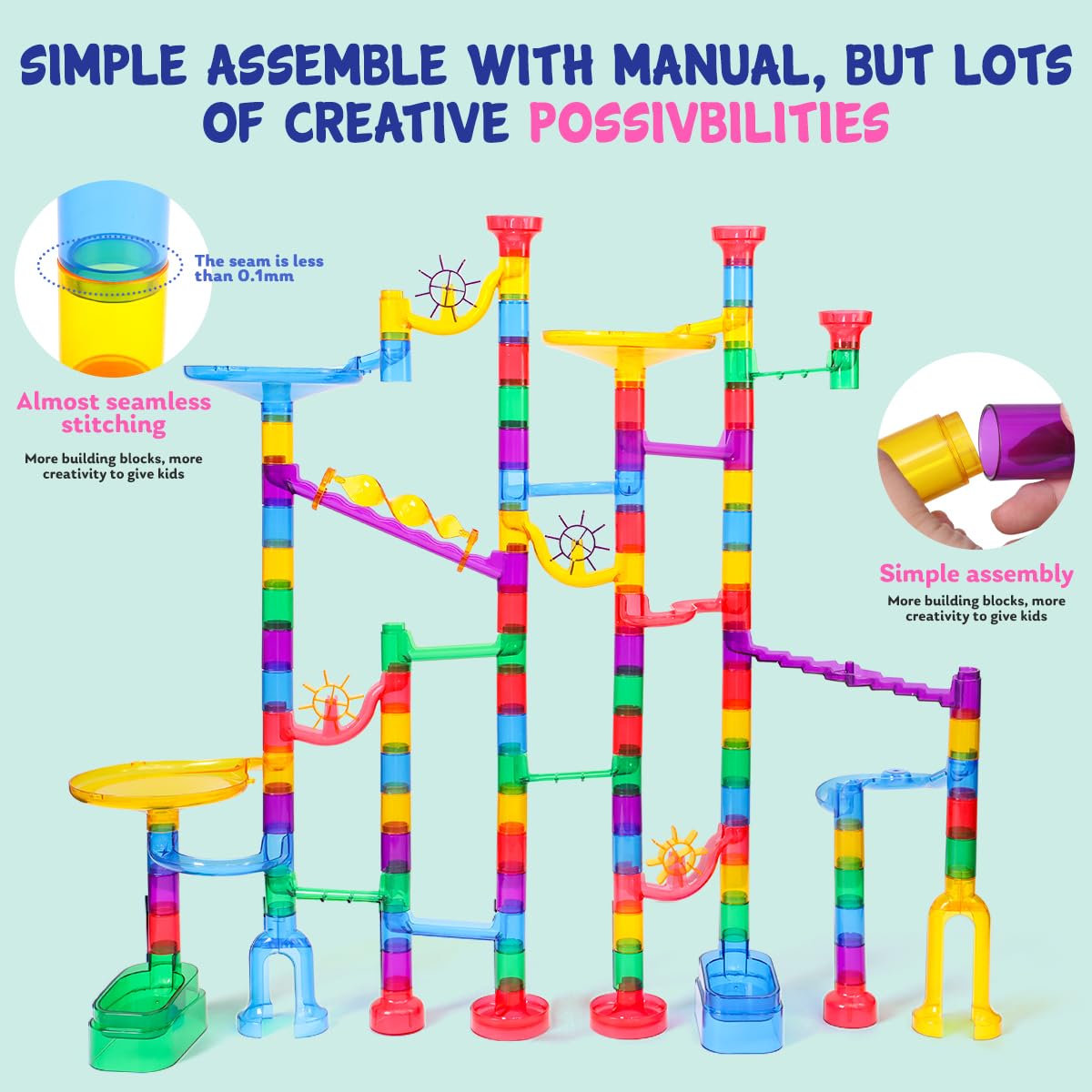Meland Marble Run - 208Pcs Marble Maze Game Building Toy For Kids, Marble Track Race Set & Stem Learning Toy Gift For Boy Girl Age 4 5 6 7 8 9+(142 Pcs + 60 Glass + 5 Led Lighted Marbles)