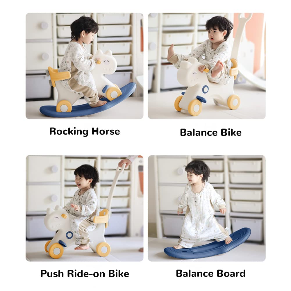4 In 1 Rocking Horse For Toddlers 1-3 Years Old, Balance Bike Ride On Toys With Push Handle, Backrest And Balance Board For Baby Girl And Boy, Unicorn Kids Riding Birthday (Blue)