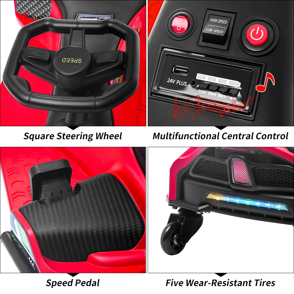 24V Kids Ride On Drift Car For Kids, Electric Drifting Go-Kart Up To 7.5 Mph Variable Speed, Built-In Music,Colorful Led Light,U