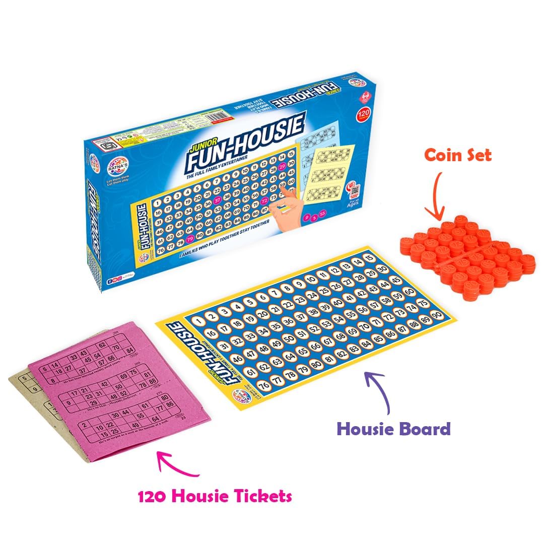 Ratna s Plastic Family Game Fun Housie Small with 120 Tickets Board Game, Multicolour, Fixing Checking Board, 90 Coins, and Tick