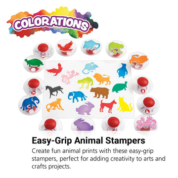 Colorations Easy Knob Grip Stamper Animal Stamps, Jungle, Domestic, Tropical, 14 Stamps, , 2 inches x 3 inches, Storytelling, Ca