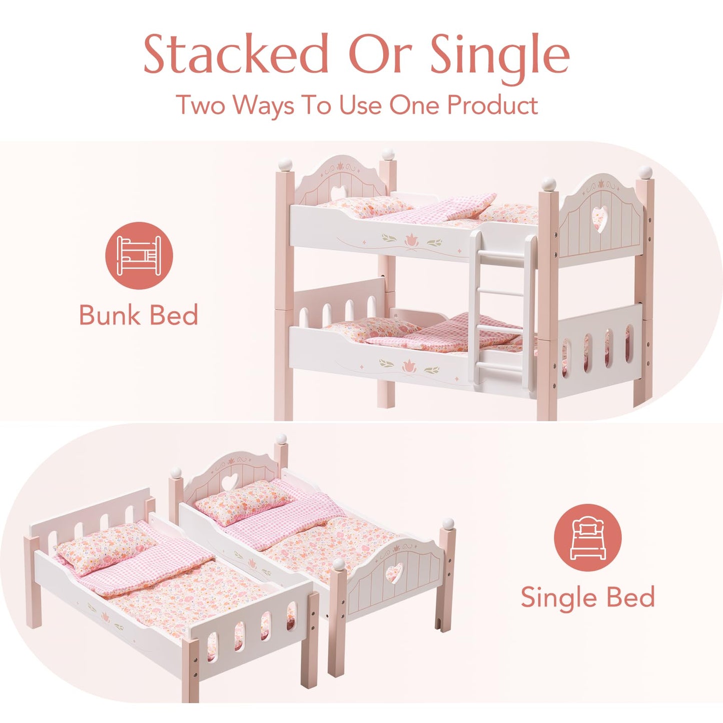 Robud Baby Doll Crib, Wooden Baby Doll Beds For 20 Inch Dolls, Baby Doll Bunk Beds With Tulle, American Girl Doll Bed For Gifts, Pink