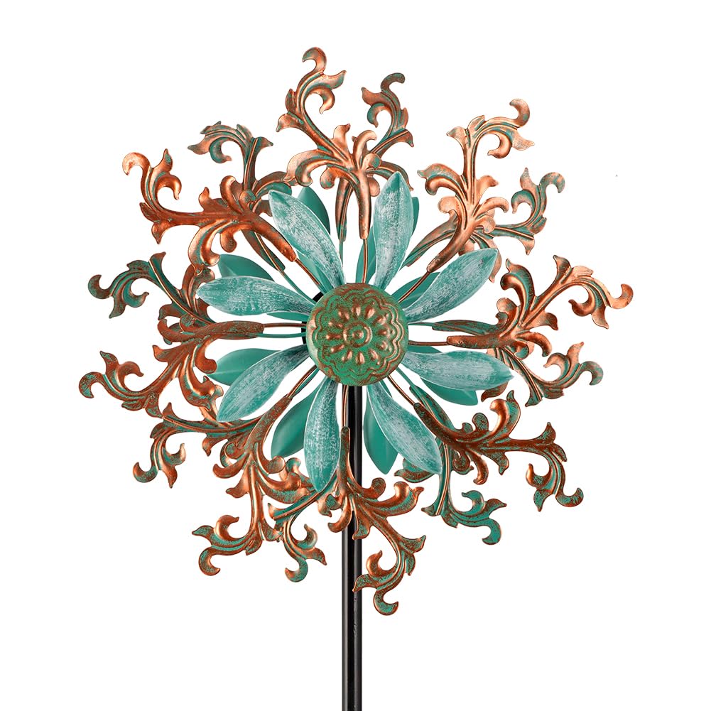 Viveta Wind Spinners Outdoor, Metal Wind Sculptures For Yard And Garden,13 * 57 ''Double Windmill With Stable Stake