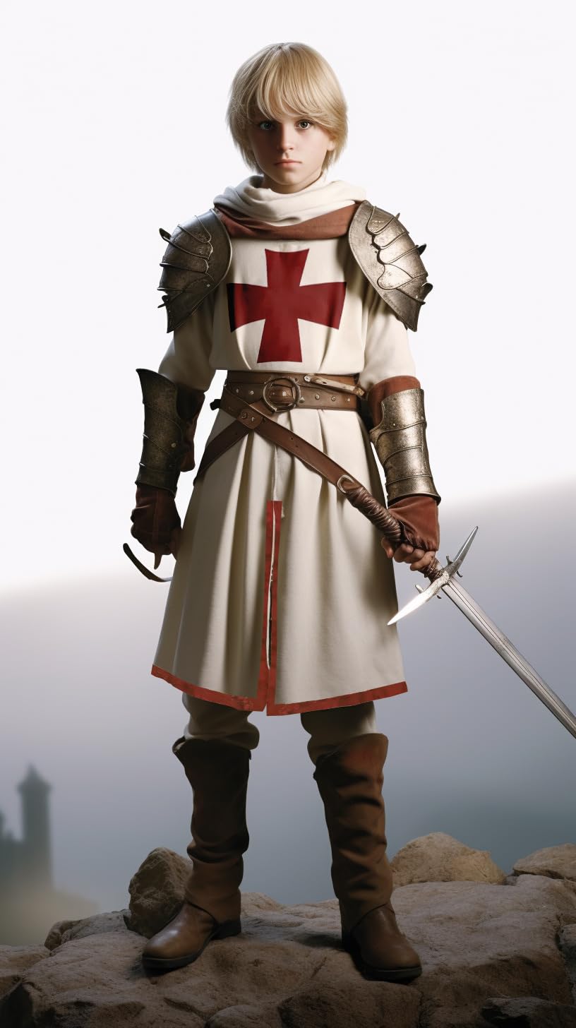 Vzqi Kids Crusader Costume White Medieval Knight Tunic Boys Outfit Renaissance Roman Warrior Sleeveless Costume Halloween With B