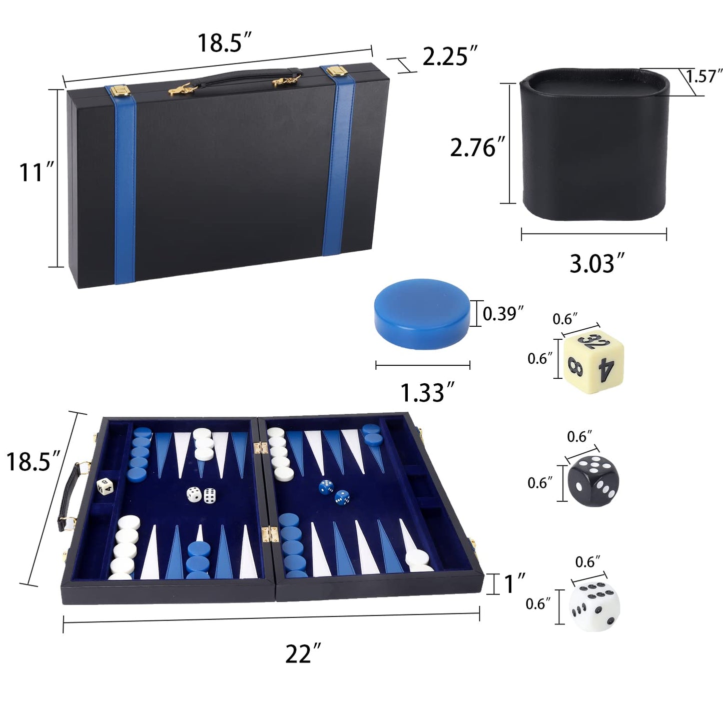GSE Games & Sports Expert enhanced Leather Backgn Board Game Set Classic Backgn Game Set with Leather Case Travel Folding Board Game (Black&Blue Large)