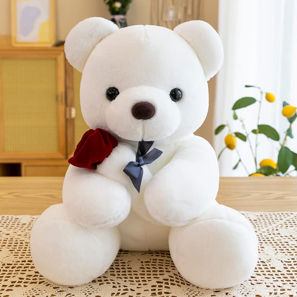 Hwd 9.8'' Teddy Bear With Rose, Soft Plush Doll Stuffed Animals Toys, Gifts For Her/Girlfriend Lover Mom Kids Toddlers (White)