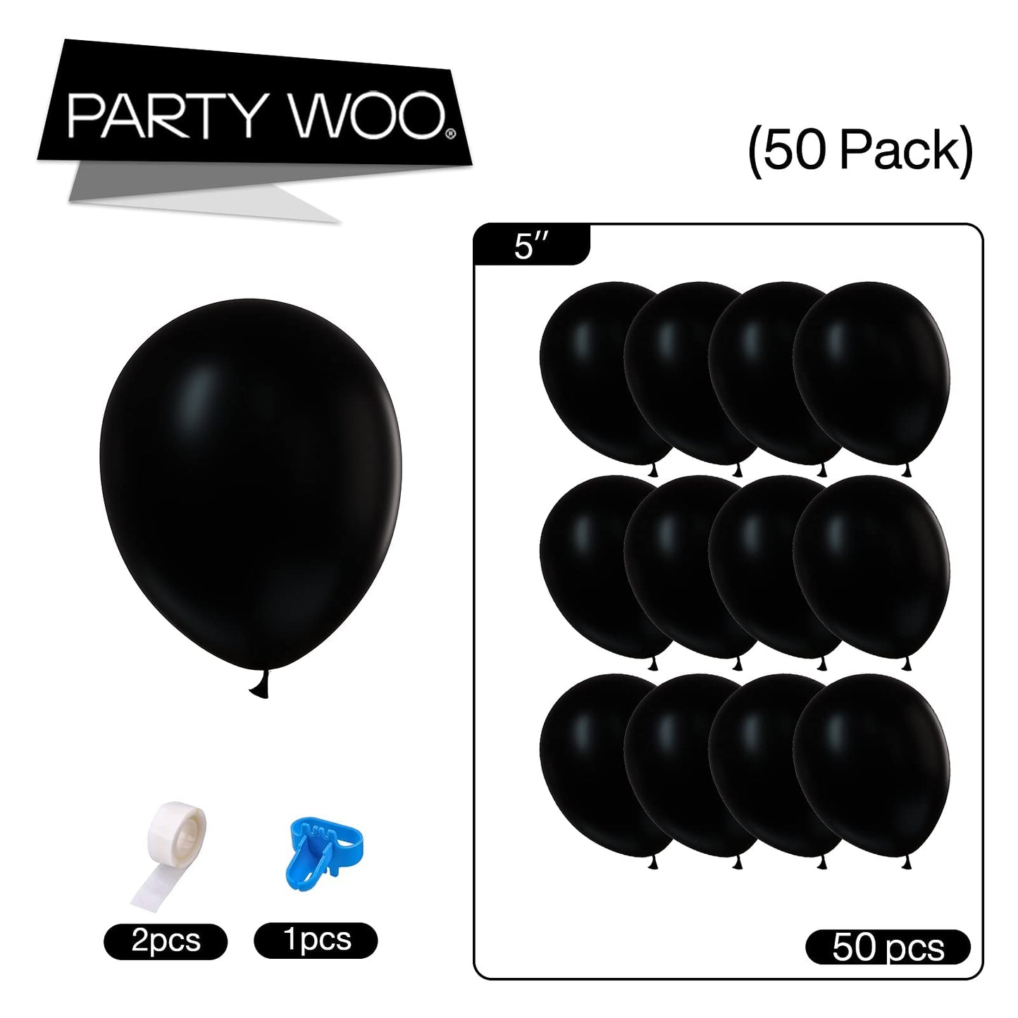 Partywoo Black Balloons, 50 Pcs 5 Inch Matte Balloons With Balloon Glue, Party Balloons, Latex Balloons, Birthday Balloons For Black Birthday Decorations, Retirement Decorations