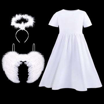 3 Pcs Angel Costumes for Kids Girls Set Fairy Dress Angel Feather Wings and Headband for Halloween Dress up Cosplay (4-6 Years)