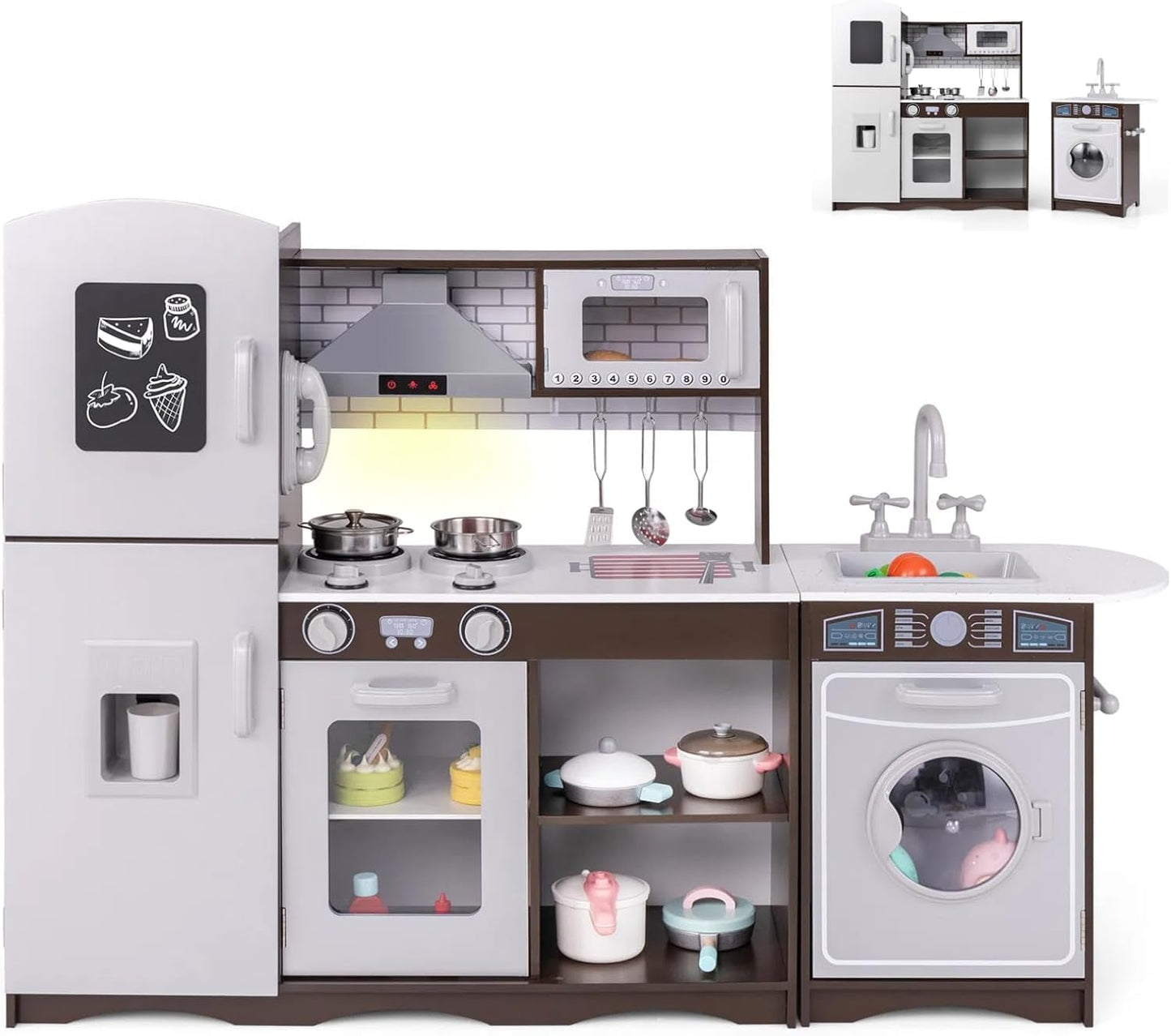 Costzon 2-Piece Play Kitchen, Wooden Toy Kitchen Set with Washing Machine, Range Hood, Ice Maker, Blackboard, Pretend Telephone,