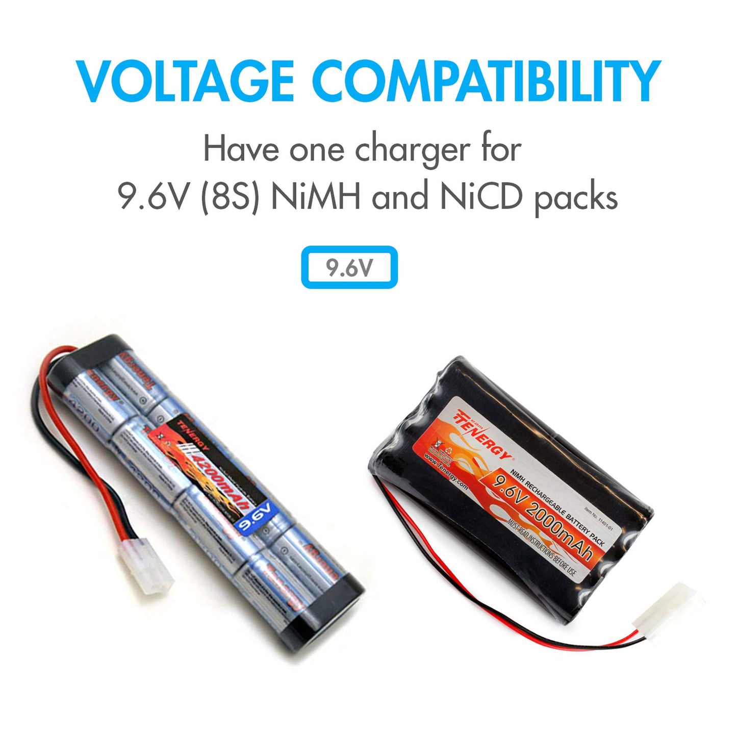 Tenergy RC Battery Charger for 9.6V (8S) NiMH/NiCd Battery Packs, 12V 400mA AC Plug Charger w/Standard Tamiya Connector for RC H