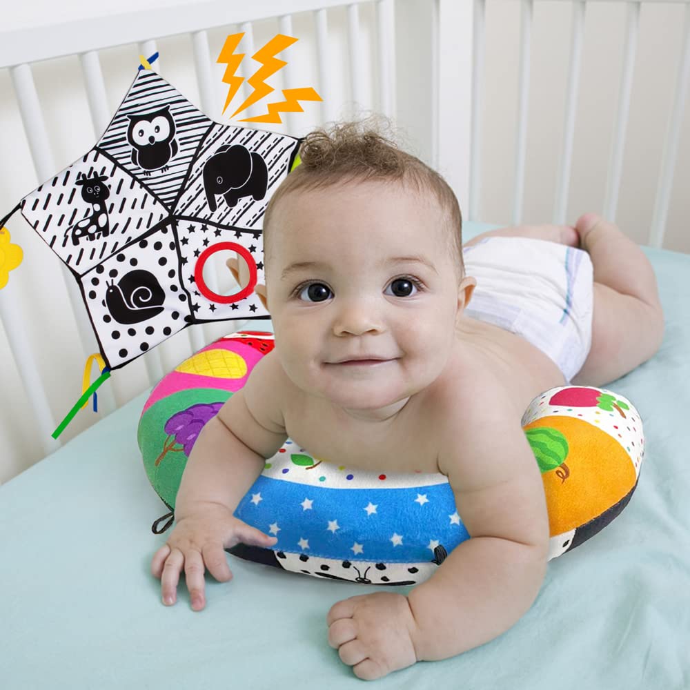 Teytoy Tummy Time Pillow With Crinkle Mat & Teethers, Black And White High Contrast Baby Toys With Mirror, Montessori Sensory Crawling Toy For Infant Newborn Toddler Tummy Time Toys 0-6 Months Babies
