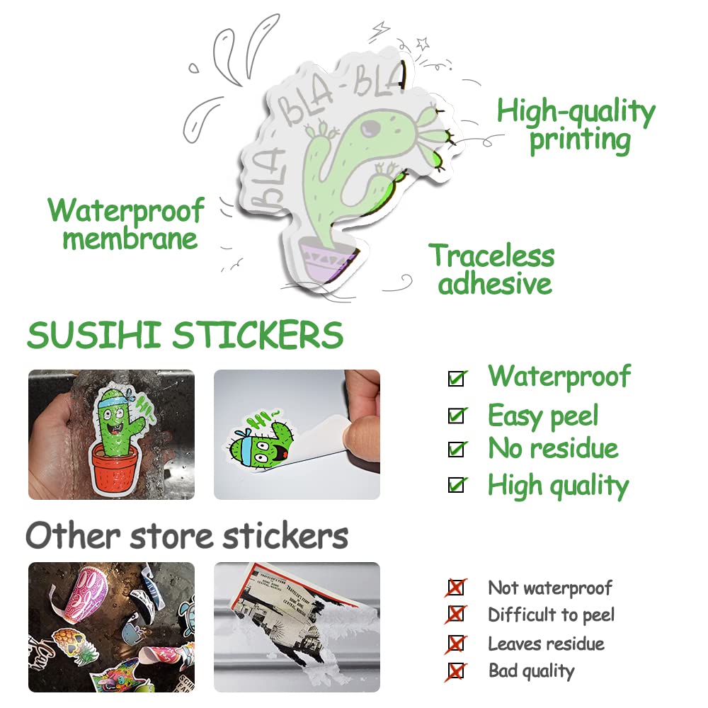 SUSIHI Cute Cactus Vinyl Stickers Pack - 50 Waterproof Stickers for Kids, Cactus Theme