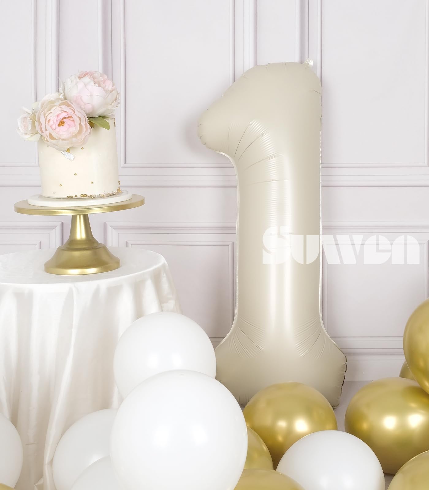 Suwen 40 Inch Cream White Large 1 Balloon Numbers Big Foil Helium Number Balloons 0-9 Jumbo Happy 1St Mylar Birthday Party Decor
