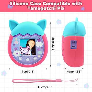 Winceed Silicone Case For Tamagotchi Pix Virtual Pet Game Machine, Protective Cover For Tamagotchi Pix Sleeve Protector Skin With Hand Strap (Turquoise+Pink)