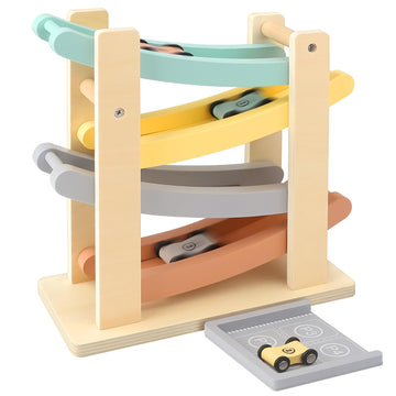 Joyreal Wooden Car Ramp Race Track Set - Soft Color, Medium Size, Includes 4 Mini Cars & Garage, Ideal for Toddlers 1-3 Years Old