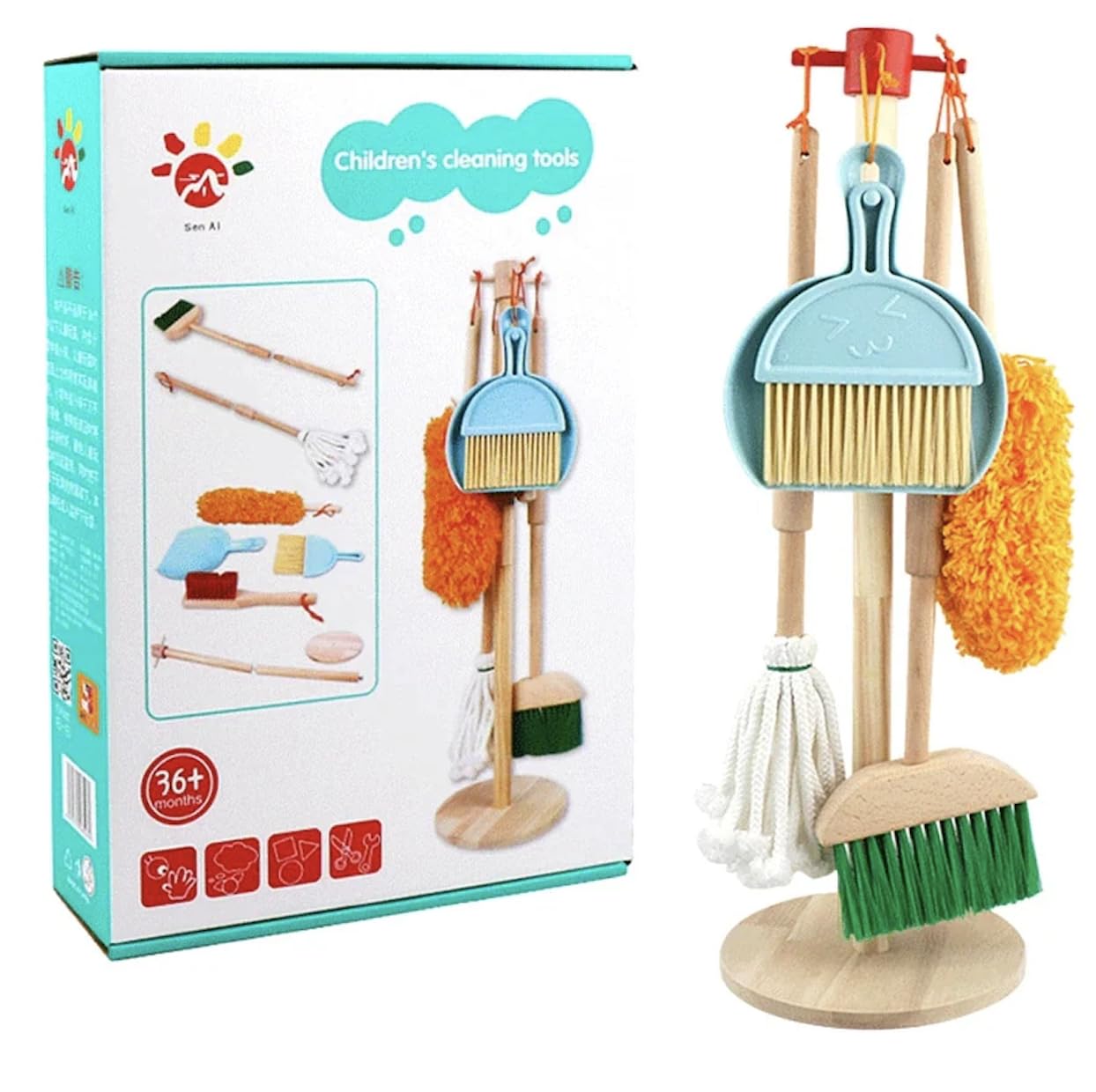 Wooden Montessori 6 Piece Cleaning Pretend And Play Mopping Toy Set For Boys And Girls Includes Broom, Brush, Dustpan, Mop Duste