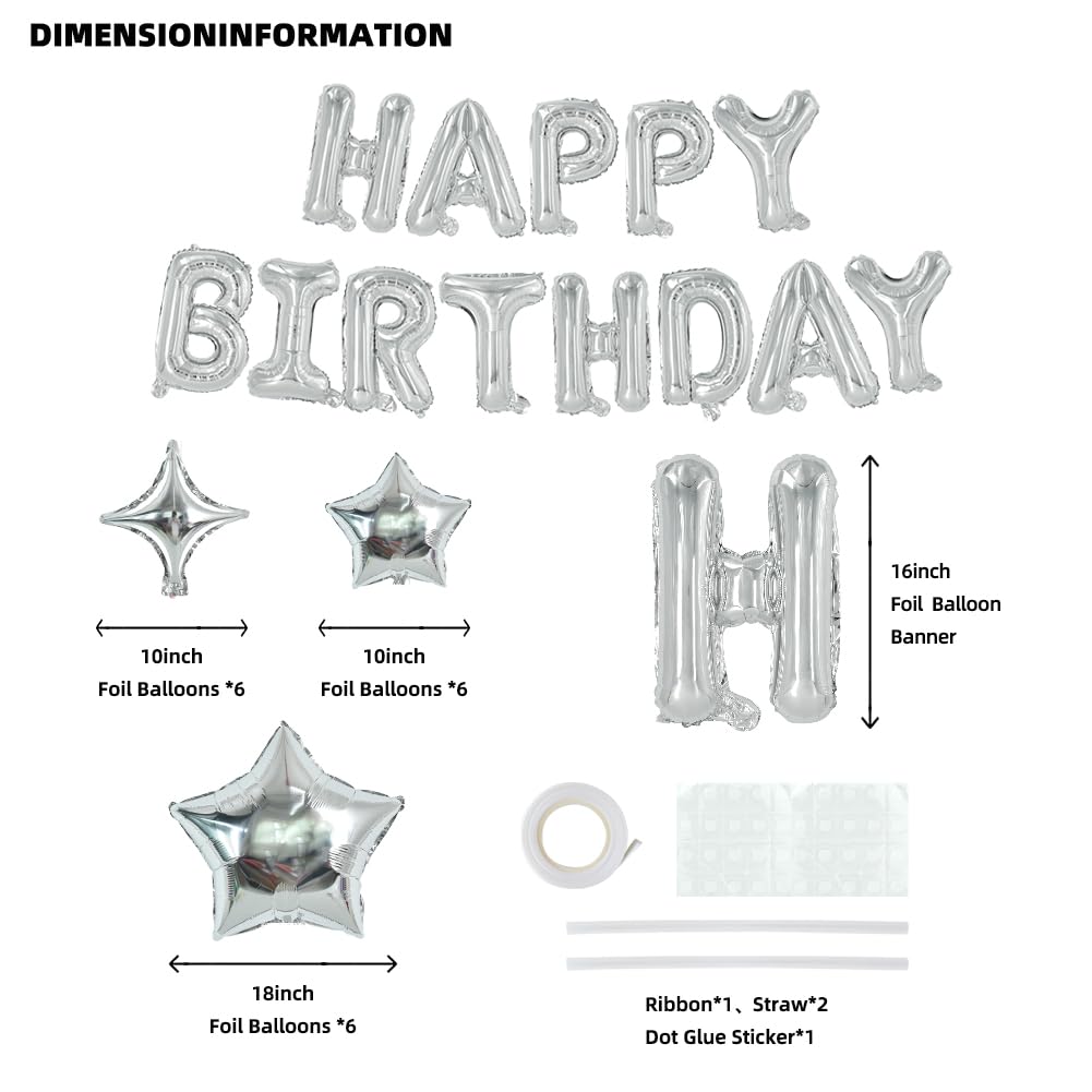 Toniful 35Pcs Silver Happy Birthday Decorations 16 Inch Happy Birthday Balloon Banner With Star Balloons Mylar Foil Birthday Par