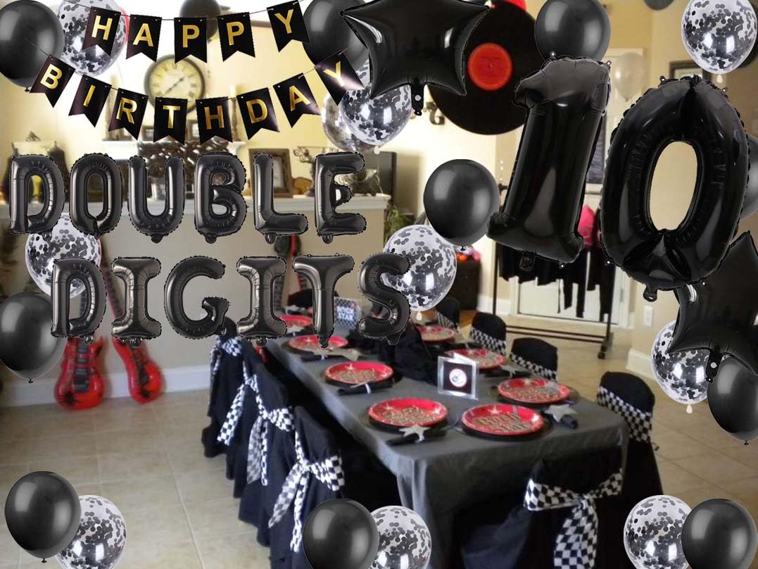 10Th Birthday Decorations For Boys, Double Digits 10Th Birthday Decoration, Black 10Th Birthday Banner Number 10 Foil Balloons W