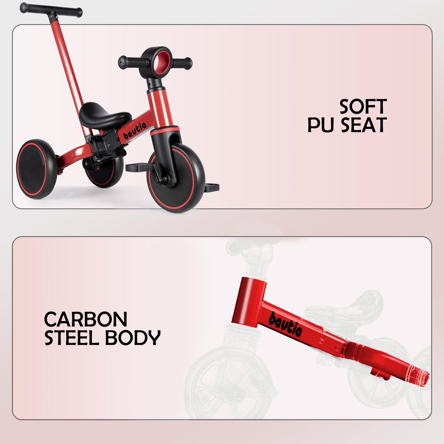 Bautia Kids Tricycle for Toddlers 1-3 with Push Handle, 5 in 1 Baby Balance Bike Toy for 1-4 Years Old Boys Girls Gift with Remo