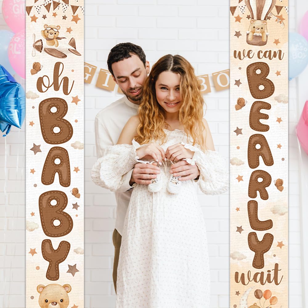 Bear Baby Shower Party Decoration-2 Pices We Can Bearly Wait Porch Sign Banner,Gender Reveal Banner Porch Sign For Welcome Baby