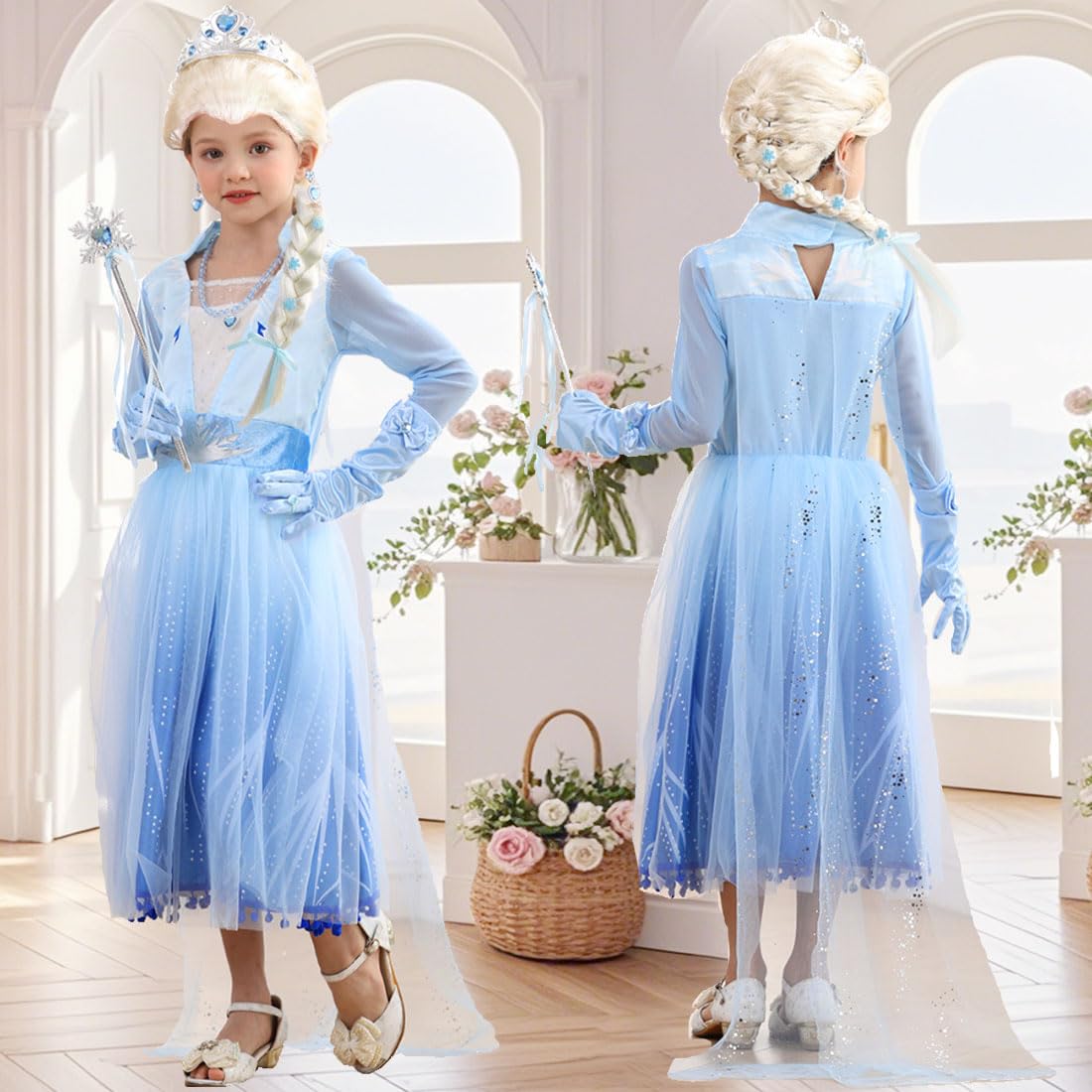 Itvti Elsa Costume Toddler Girls Snow Princess Dress Blue Cosplay Outfit With Wig For Halloween Birthday Party Christmas, 3-4T (Tag 110)