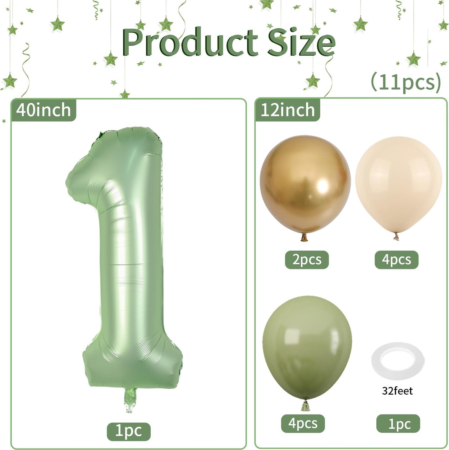 40 Inch Sage Green Number 1 Balloon, Olive Green 1St Birthday Balloons, Retro Sand White Avocado Green Gold Latex Balloons 1 Foi