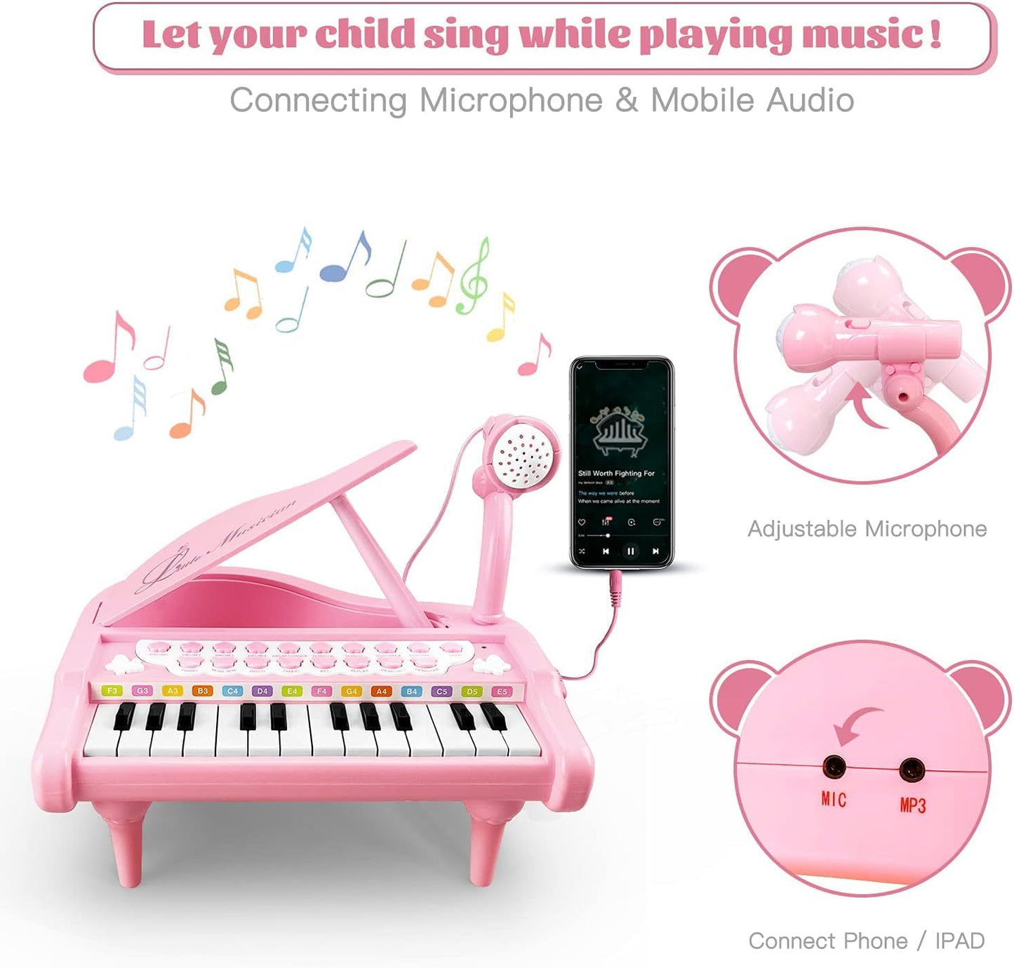 Love&Mini Piano Keyboard Toy For Girls - 24 Keys Toddler Piano Music Toy Instruments With Microphone, Pink Piano Toys For 1 2 3 Years Old Girls Birthday Xmas Gift