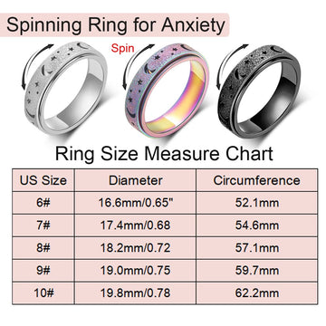 Amorartsky Anxiety Ring For Women Men, Titanium Stainless Steel Spinner Ring, 5 Colors, 6Mm, Size 6-10, 3 Styles Fidget Ring-Moon Star, Sandblasted Finished, Hollow Outer