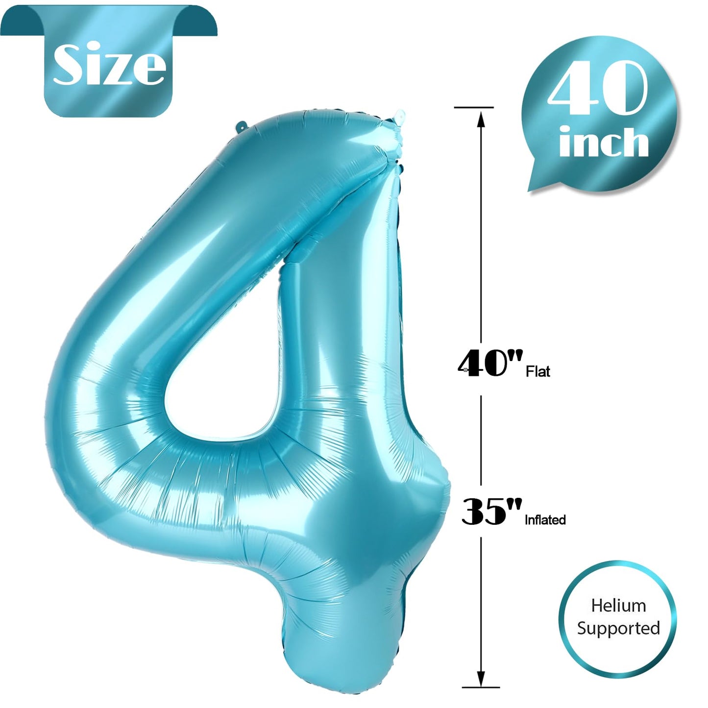 Pearlescent Blue 4 Balloon, Number Balloons 40 Inch, 4Th Birthday Decorations For Girls Boys, Four Large Numbers For Party Decor