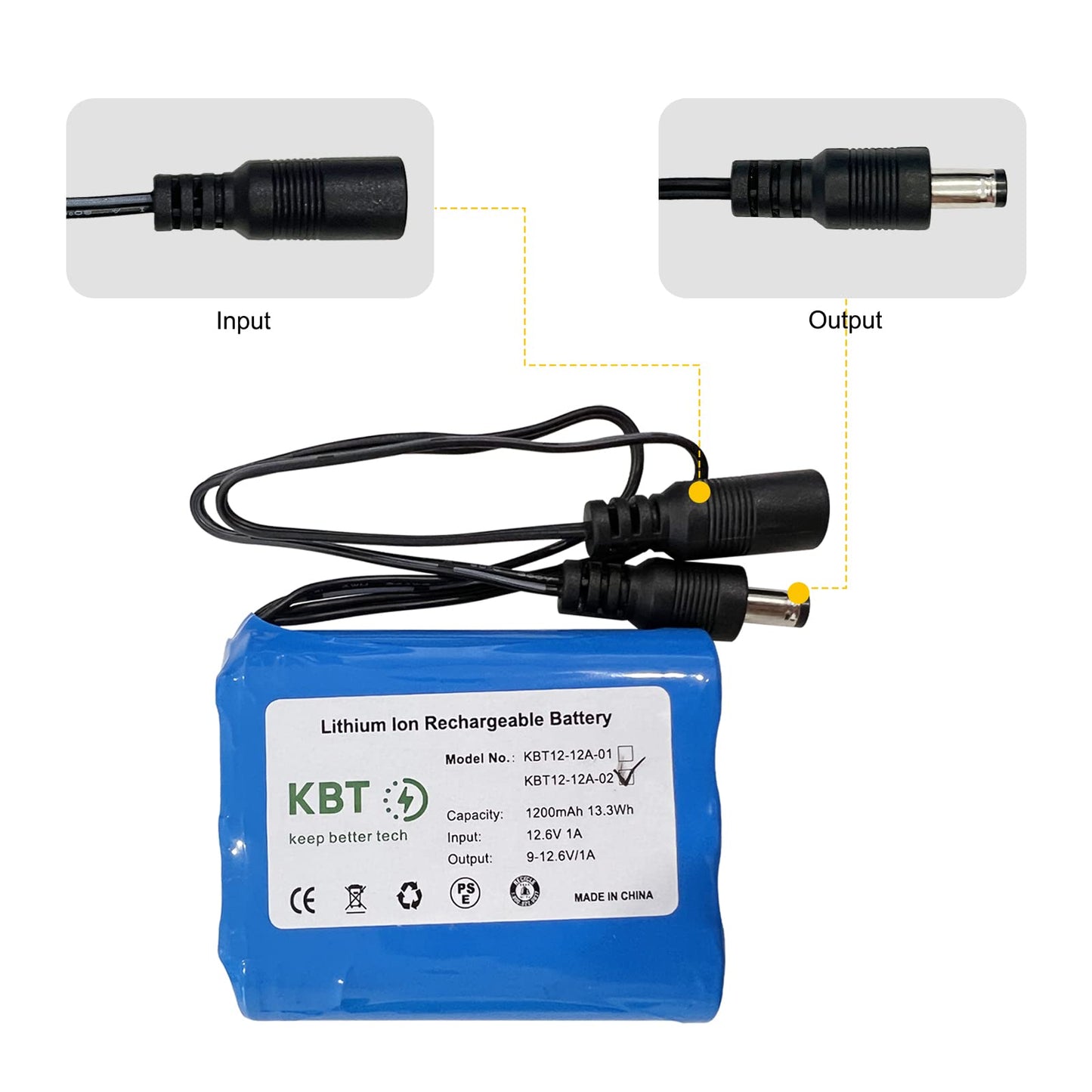 KBT 12V 1200mAh Rechargeable Li-ion Battery, 12V DC5521 Male Connector, Replacement Battery Pack with 12V Charger Compatible for