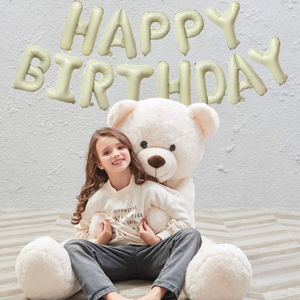 Happy Birthday Banner Beige Cream Matte White Sand Women Boy Girl Men Neutral Teddy Bear Birthday Decorations Boho Groovy Bday P