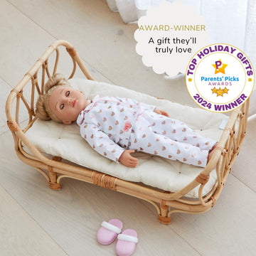 BEBE BASK Large enhanced Rattan Doll Bed 20 x 12 x 10- Handcrafted & Award-Winning - Sized for 18-Inch Dolls - Fits American Girl & Our Generation - Luxe Mattress - Baby Photoshoot Props (Large)