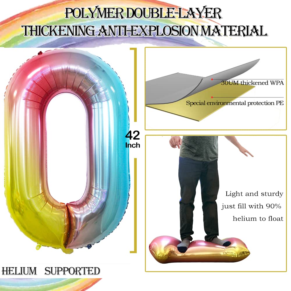 Goer 2 Pcs 42 Inch Rainbow Foil Balloons Number 0 For 10Th 20Th 30Th 40Th 50Th 60Th 70Th 80Th 90Th 100Th Birthday Party Supplies Anniversary Decorations