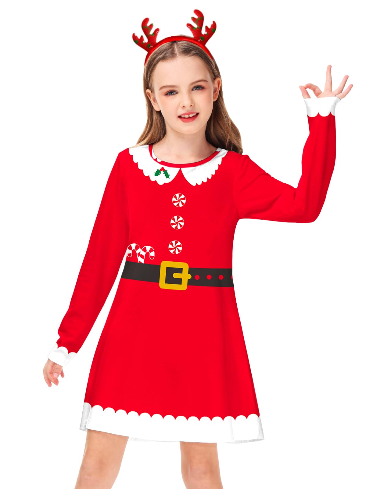 Christmas Santa Dress for Girl Long Sleeve Xmas Red Tshirt Dress Unique Ugly Swing Dresses 5-6 Years