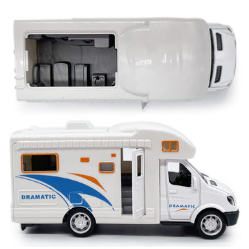 Mini Toy Camper RV Motorhome Toys for Boys Pull Back Diecast Model Car Recreational Vehicle Adventure with Furniture Roof and Si