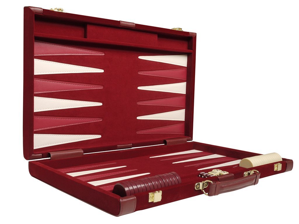 Deluxe Attache Backgammon Set - 15'' Medium Size Classic Maroon Board Game - Luxurious Velour Case