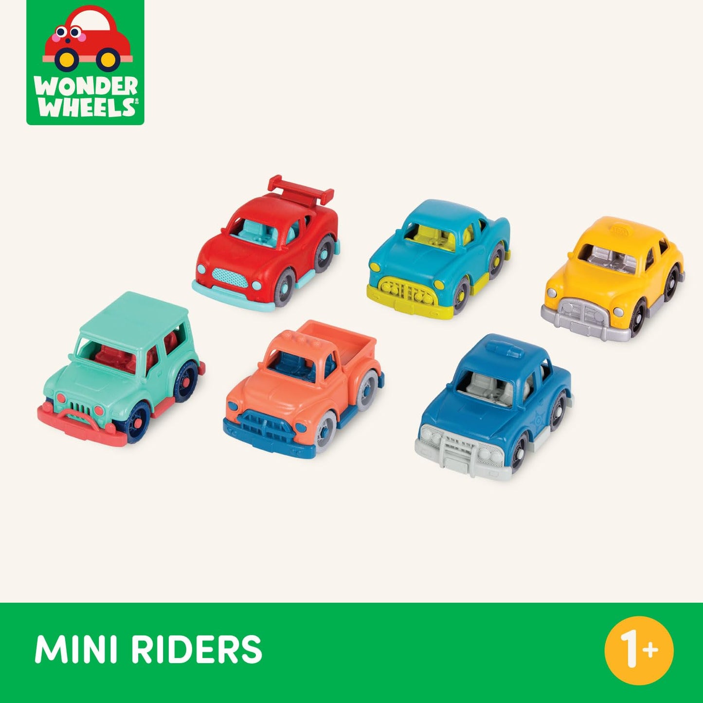 Battat- Wonder Wheels- Set of 6 Mini Toy Cars For Kids - Race Car, Truck, Taxi, Police Car, Retro Car, 4x4 - Pretend Play- Recyc