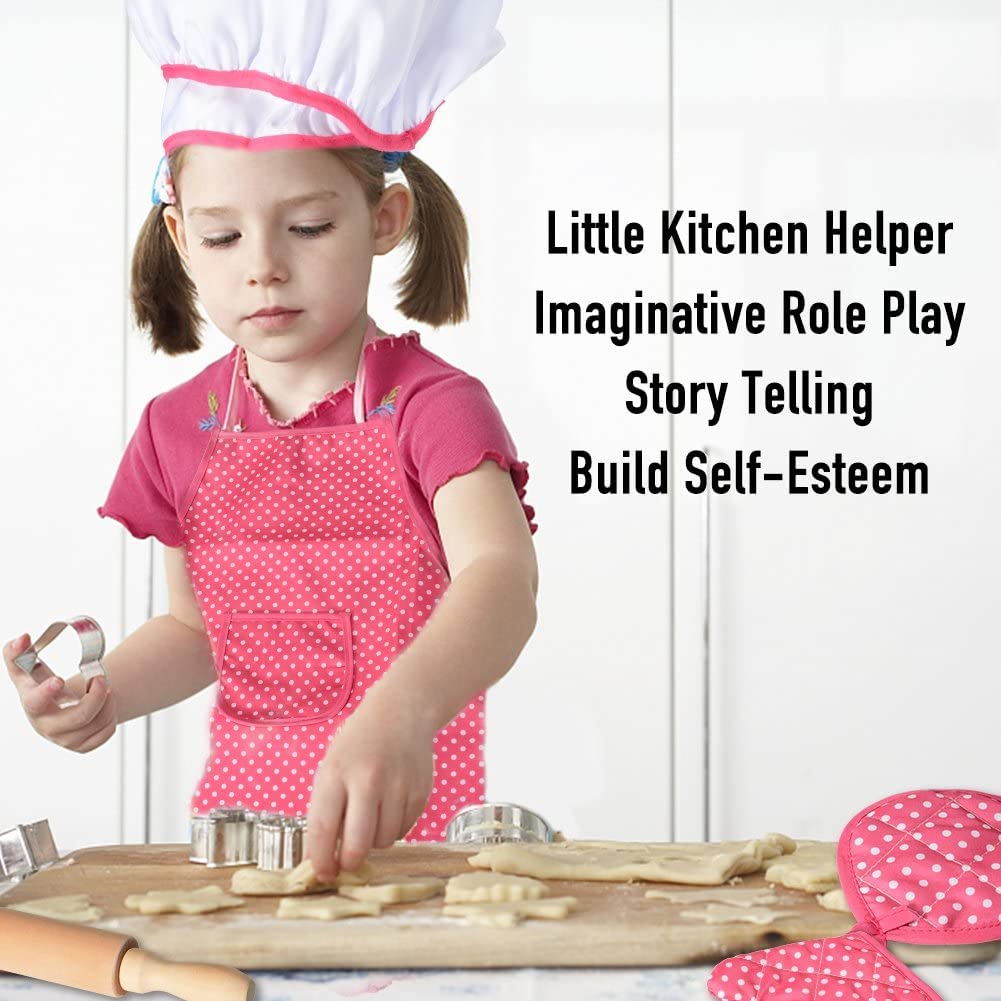 Chef Set for Kids,11pcs Kitchen Costume Role Play Kits, Girls Apron with Chef Hat,Cooking Mitt and Cookie Cutters (Rose red)