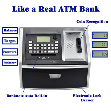 ApgBnk ATM Savings Bank - Electronic Piggy Bank with Debit Card, Coin Recognition, 10 x 5.4 x 7.9 inches, Black/Silver, Model G972E
