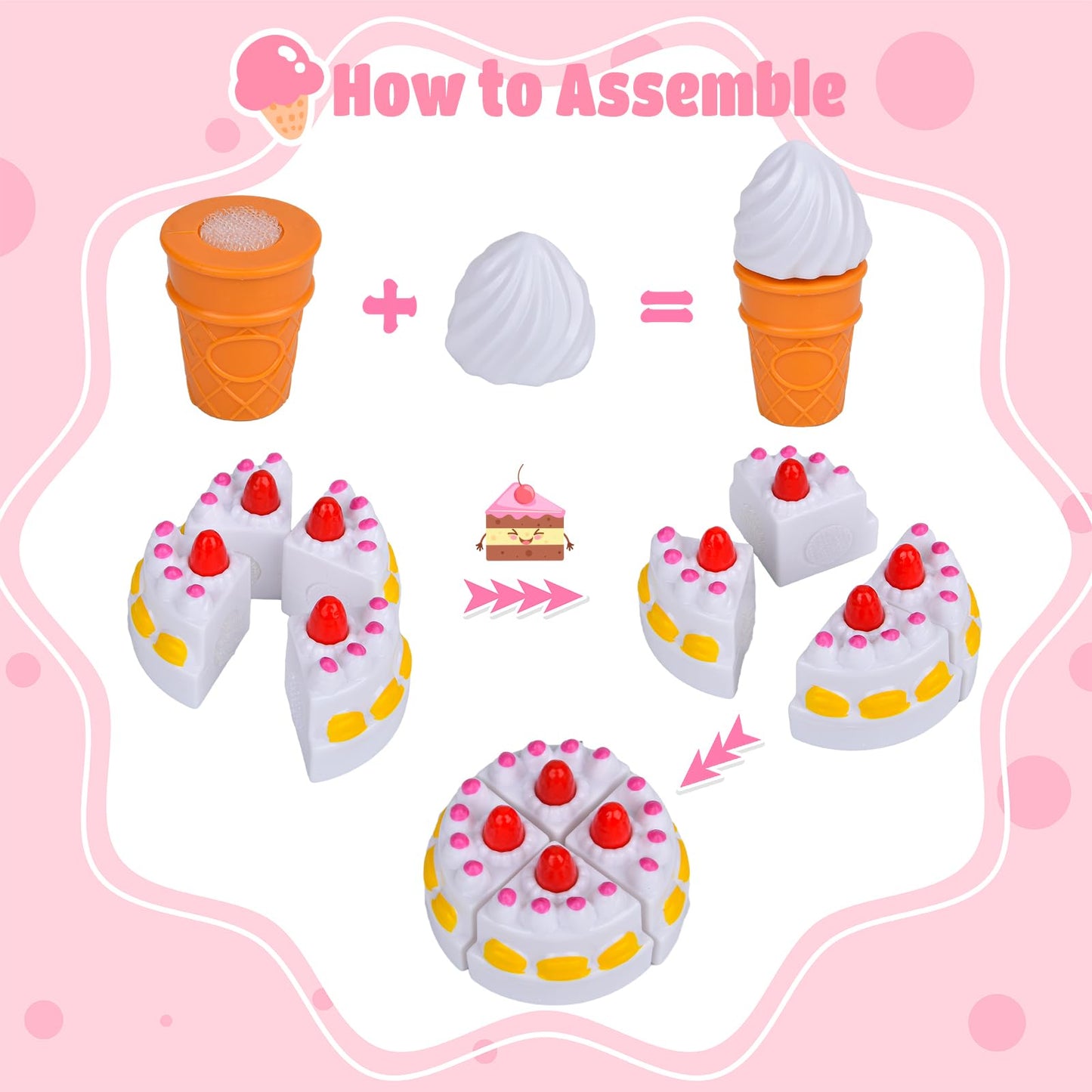 Pretend Dessert Food Toys Sets ,Play Food Set for Kids ,Cutting Toys Ice Cream and Cake,Plastic Cupcake, Baking Cookies,Pretend