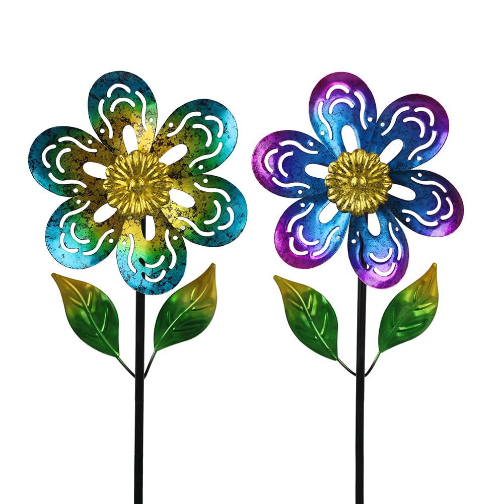 Viveta 2 Pack Wind Spinners,Flower Garden Sculpture, Metal Windmill, Green And Purple Pinwheels For Yard Lawn Patio Decor