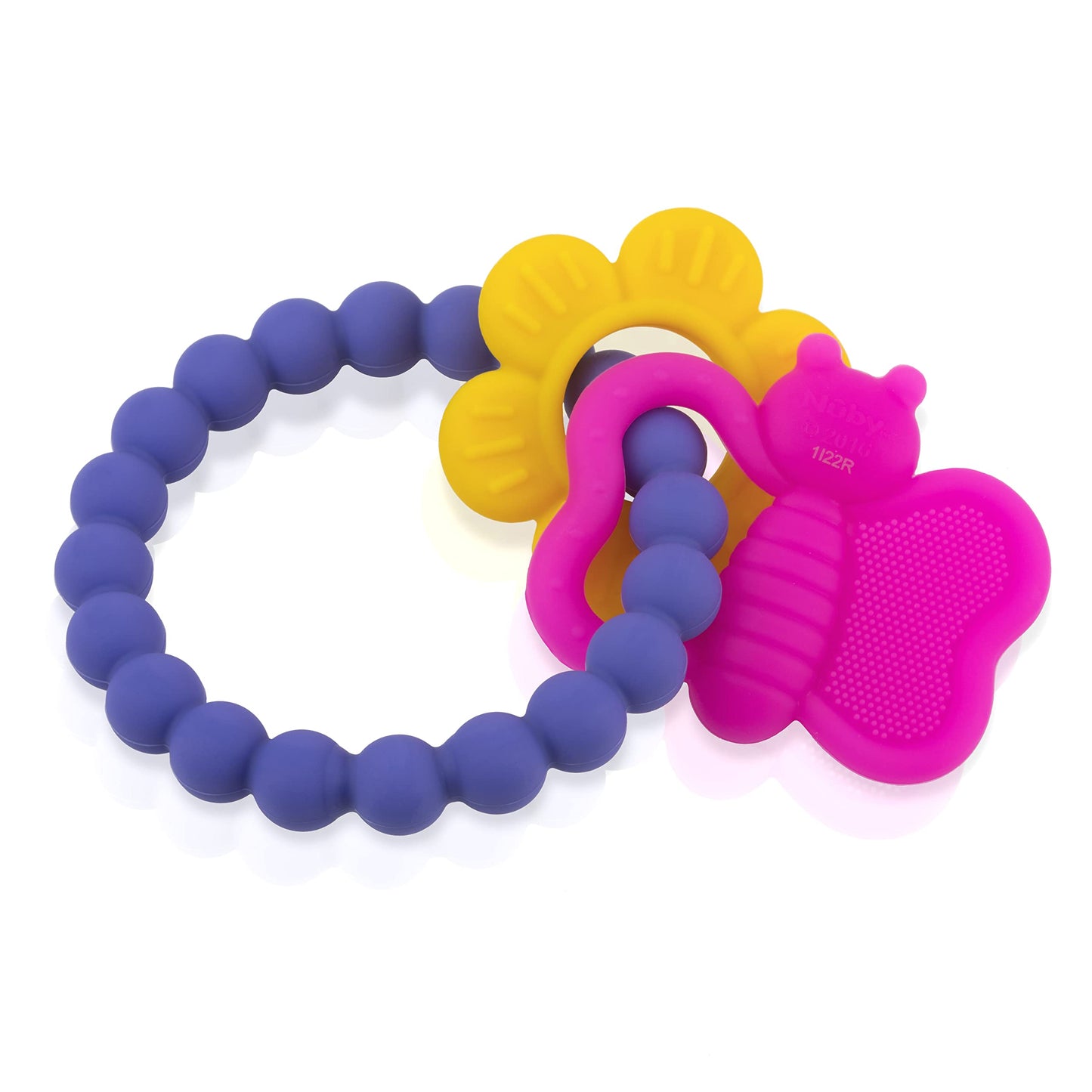 Nuby Chewy Charms Silicone Teether With Butterfly/Flower Or Coral Unicorn, 1 Count (Pack Of 1)
