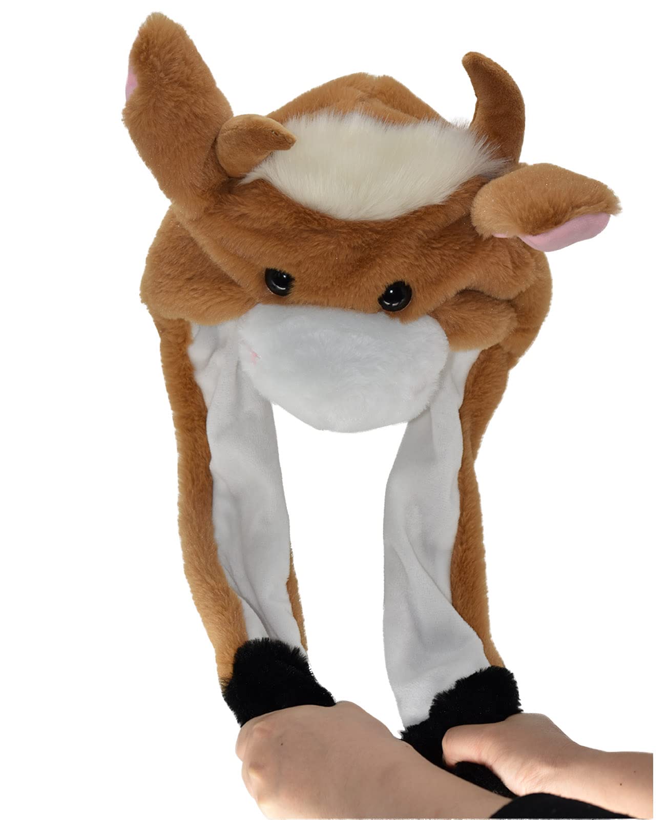 Joyhy Kids Adults Plush Hat Ear Moving Ear Flap Hat With Paw Brown Bull