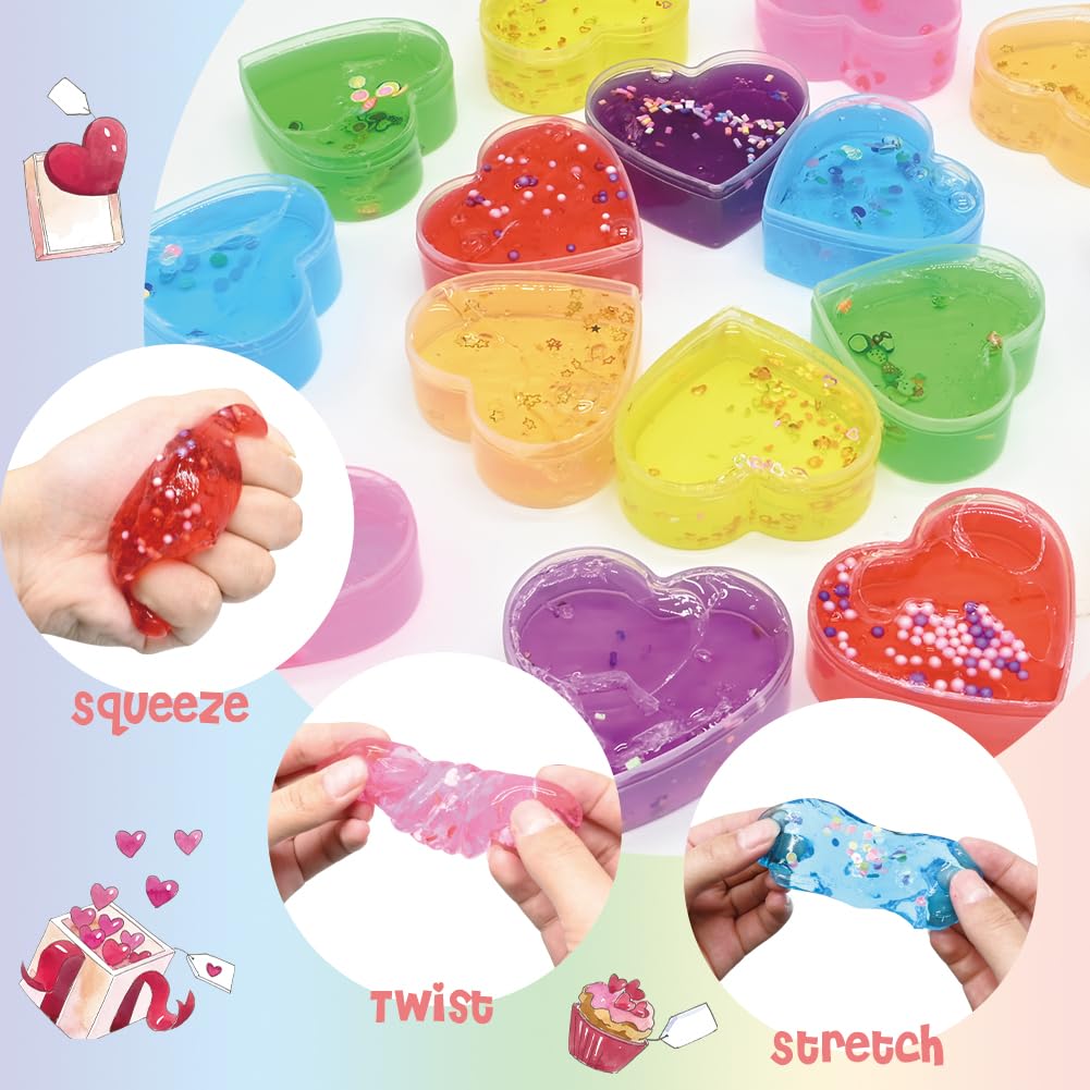 WODMAZ 28 Pack Slime Party Favors, Heart Shaped Slime Kit for Kids Valentine Exchange Gift, Stress Relief Fidget Toys, Goodie Ba