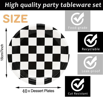 40 Pcs Race Car Birthday Party Supplies Black And White Checkered Party Supplies 7''Checkered Paper Plate,Black White Plate For