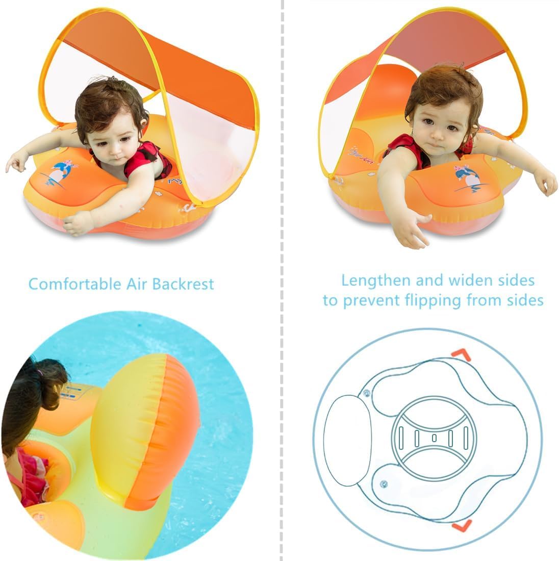 Myir Jun Baby Pool Float With Canopy, Inflatable Baby Pool Float Toddler Float Children Baby Float For Pool Baby Swim Trainer Toddler Swim Float (Orange, S,Float With Canopy)