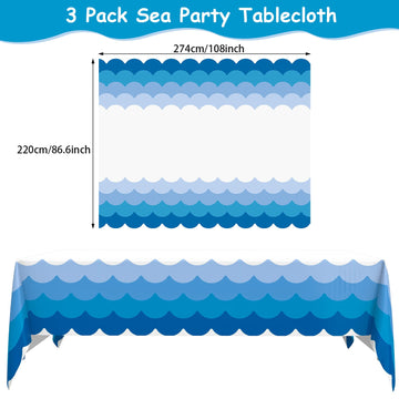 Irenare 3 Pcs Ocean Waves Theme Tablecloth Ocean 87 x 108 Inch Blue Rectangle Water Print Plastic Table Cover Sea Beach Mermaid