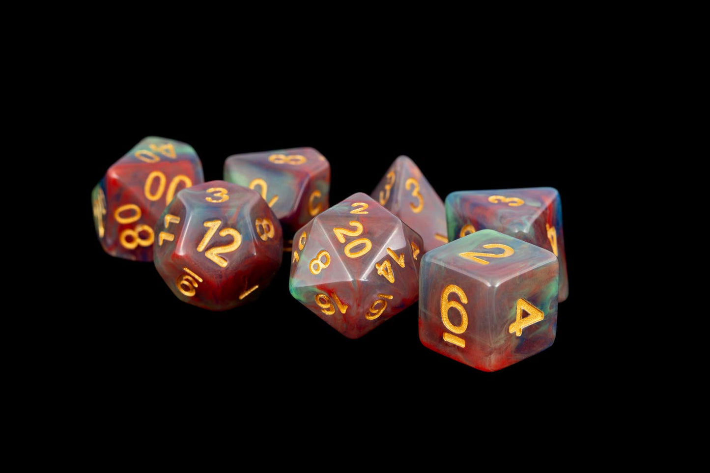 Metallic Dice Games Lic611 16 Mm Pearl Swirl Polyhedral Dice Set, Red & Gold - Set Of 7